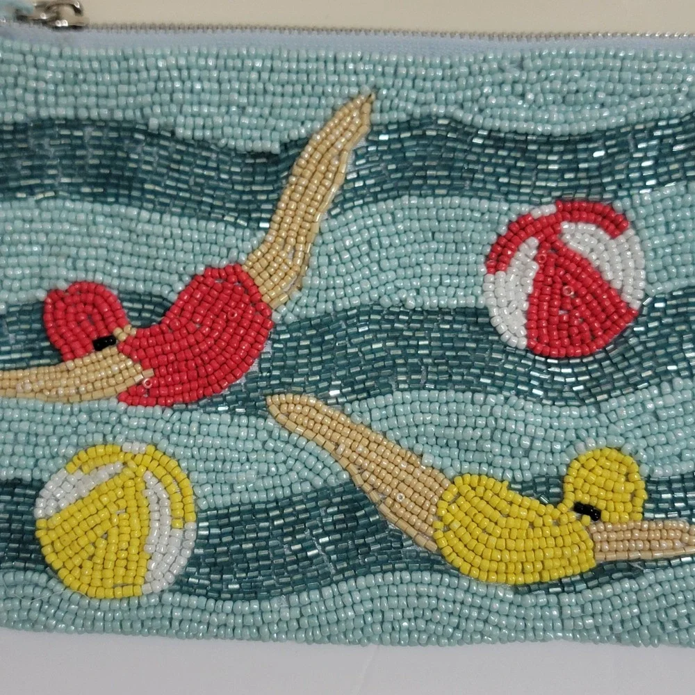 Sol and Mer Beaded Wristlet Clutch Blue Swimmers Beach Ball Handmade India NWT